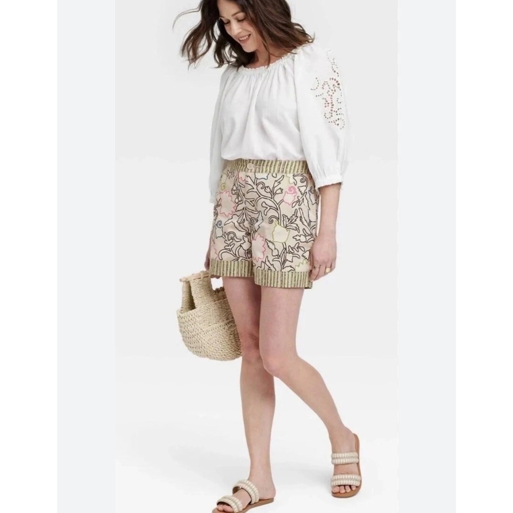 Knox Rose Floral Shorts Womens S Beige Boho Botanical Cotton Lyocell Relaxed Fit